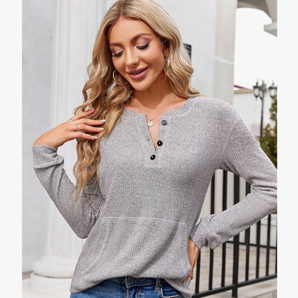 Dellytop Women’s Ribbed Long Sleeve Henley Shirt Pocket Button Up Loose Sweater